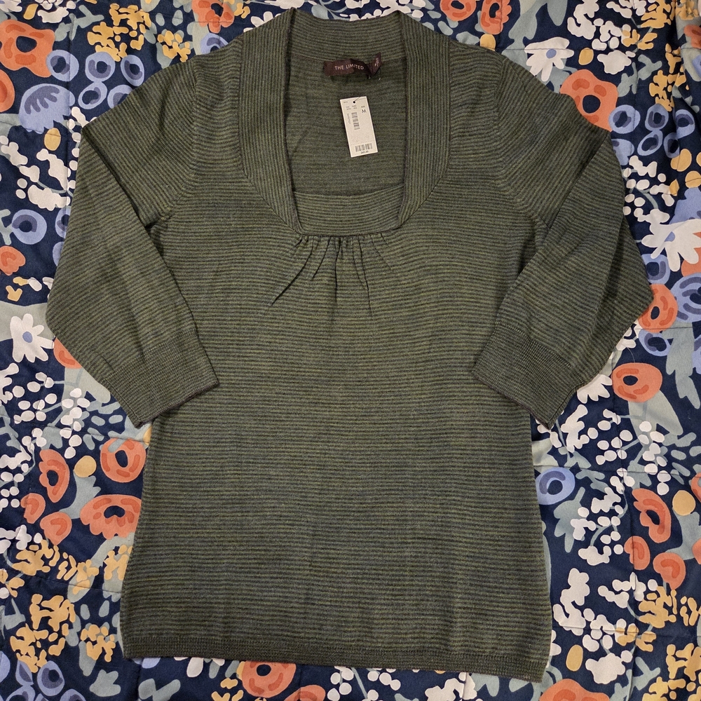 The Limited Dark Green and Navy Micro-stripped Square Neck Sweater